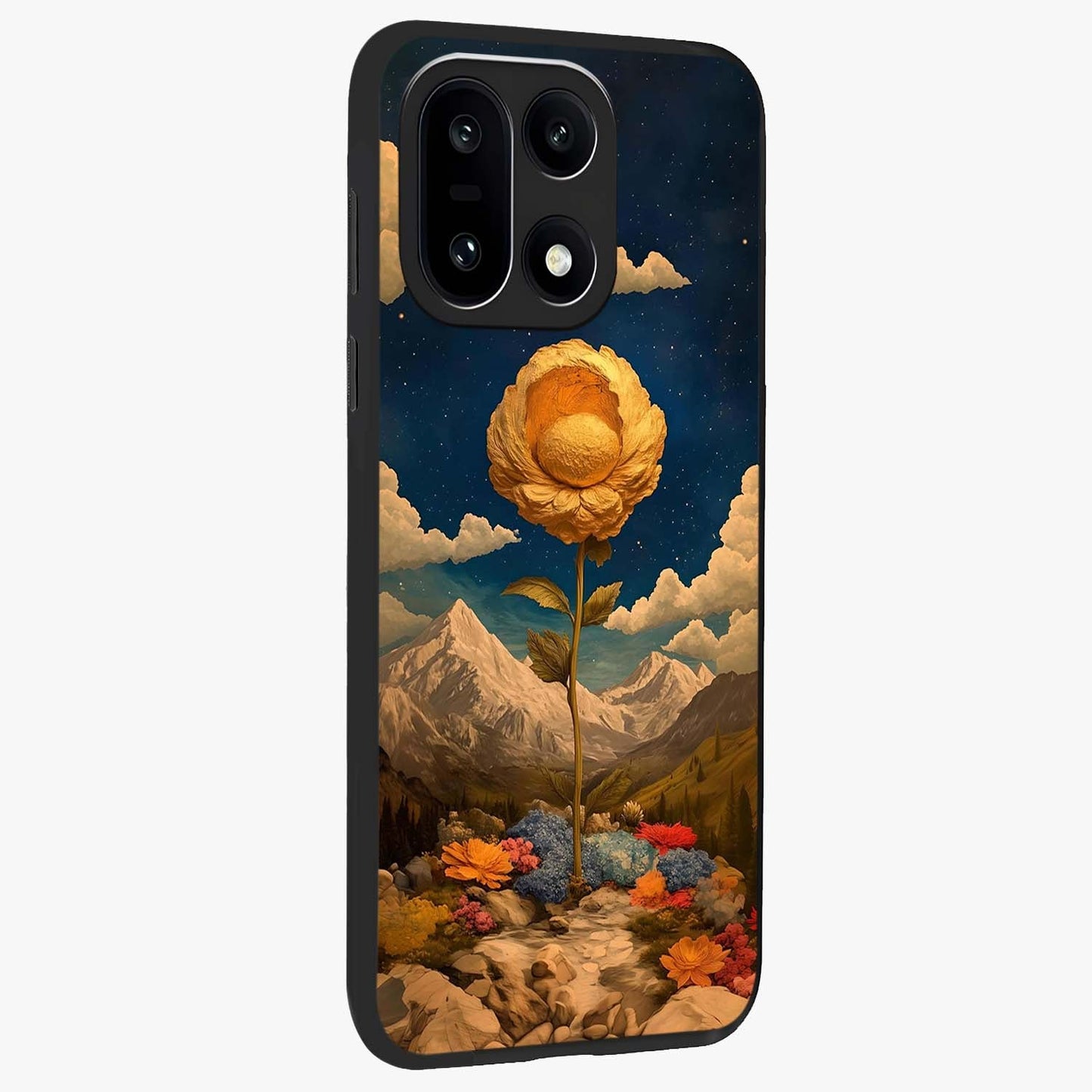 Golden Bloom Night Glass Case for 1+15 side perspective highlighting radiant bloom detailing and premium edges