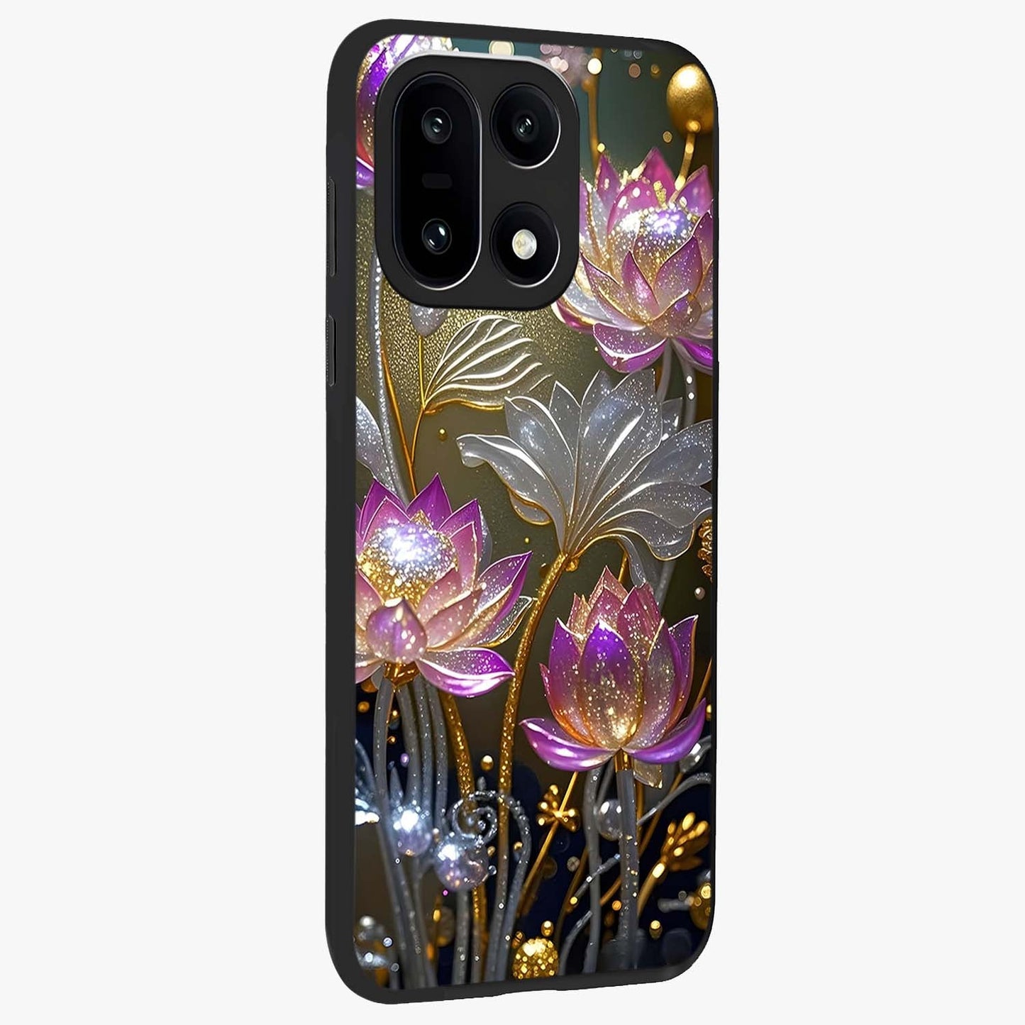 Golden Lotus Glow Glass Case for 1+15 side perspective highlighting intricate lotus detailing and premium edge finish