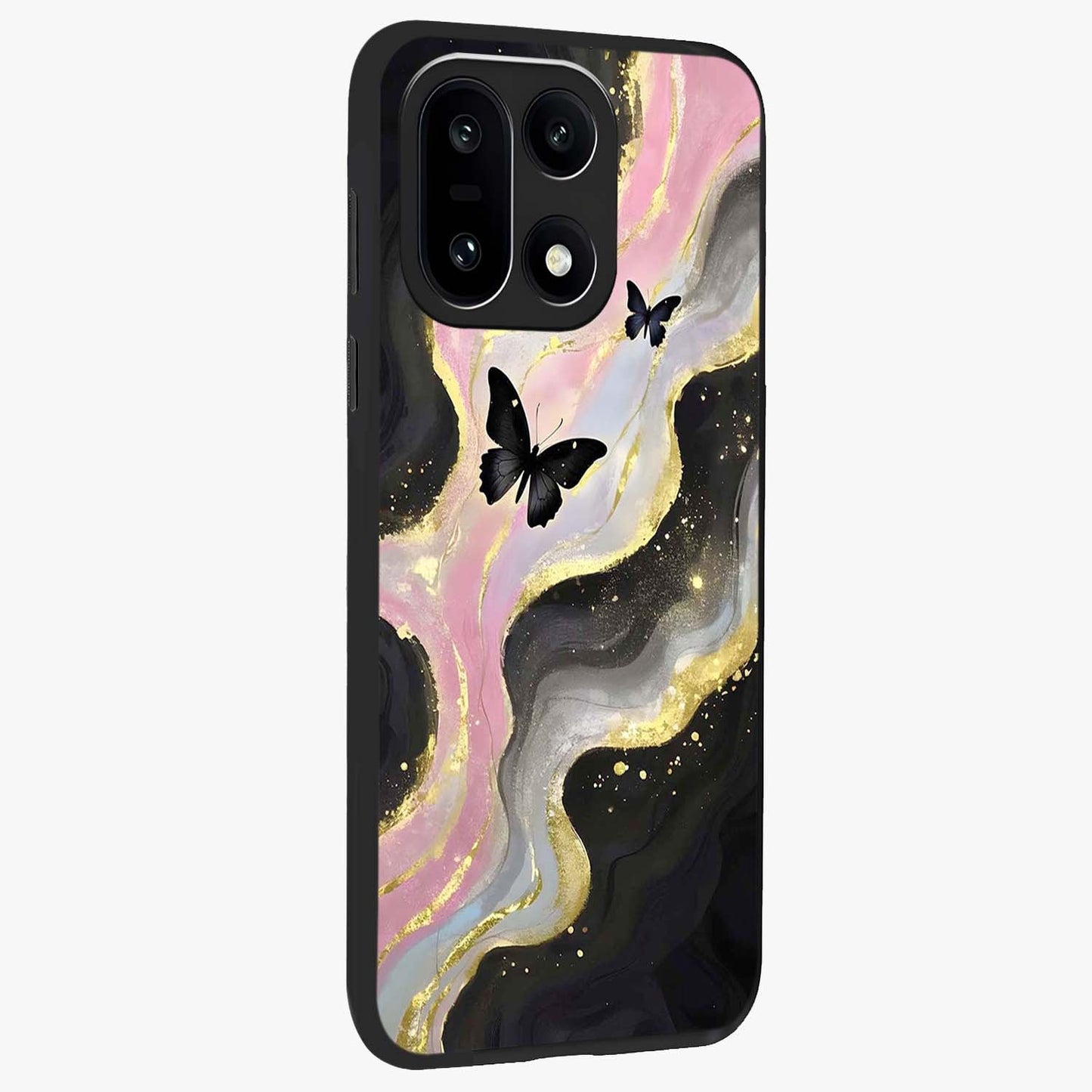 Golden Mist Butterflies Glass Case for 1+15 side perspective highlighting delicate wing textures and premium edges