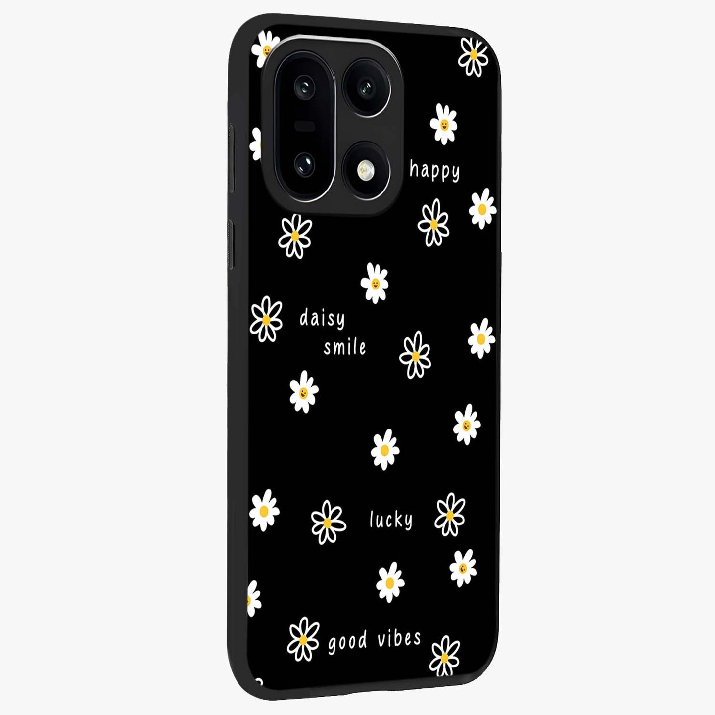 Good Vibes Daisy Black Pattern Glass Case for 1+15 side perspective highlighting playful daisy detailing and smooth edges