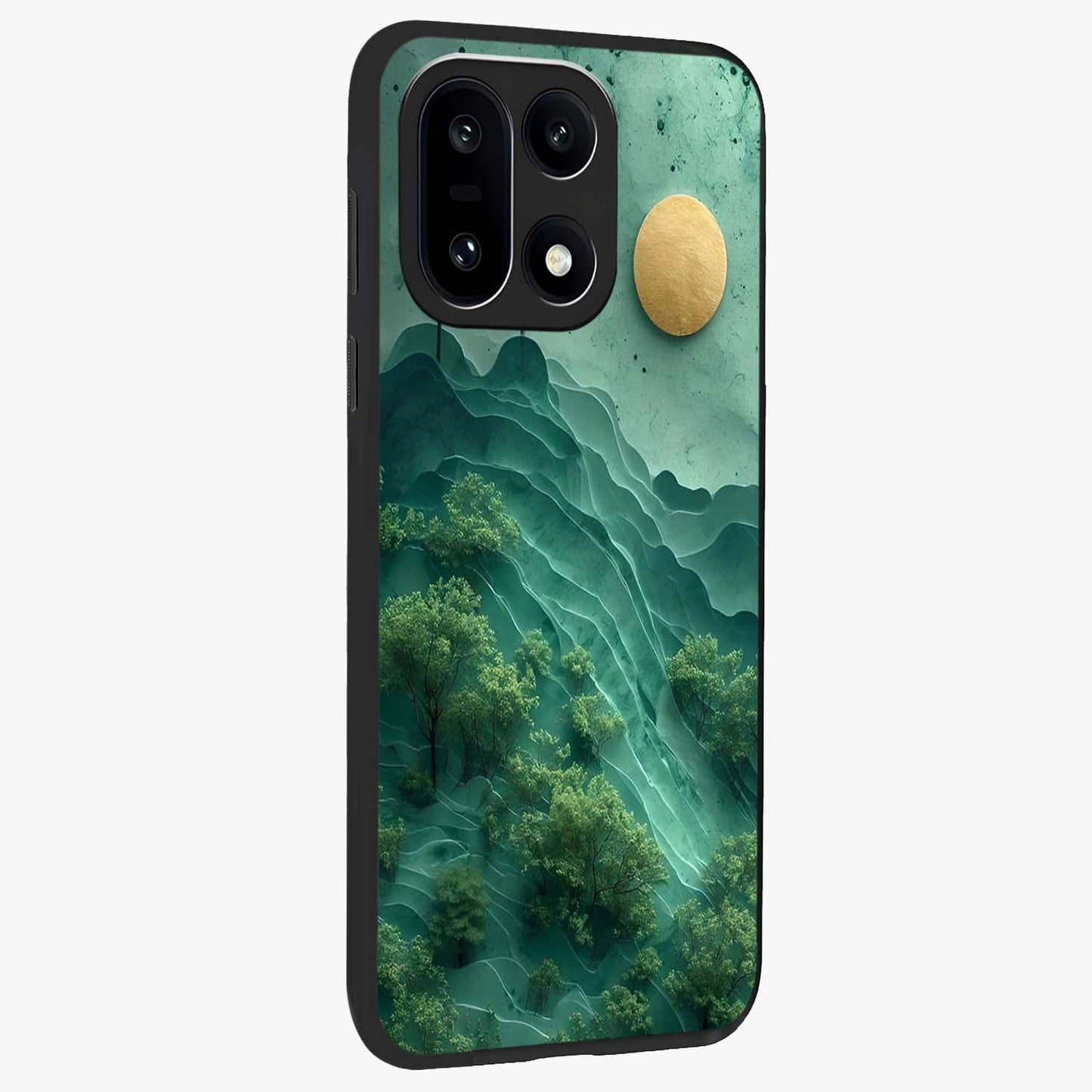Green Hills With Sun Glass Case for 1+15 side perspective highlighting serene landscape textures and premium build