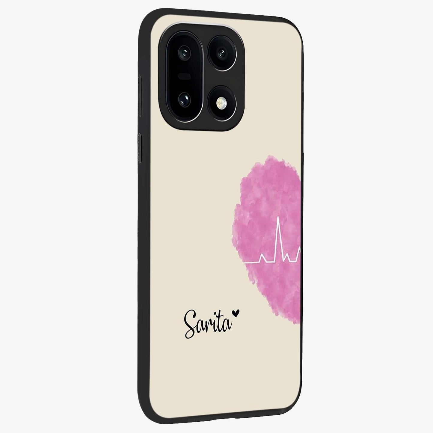 Heartbeat of Love Glass Case for 1+15 side perspective highlighting delicate heart detailing and smooth premium edges