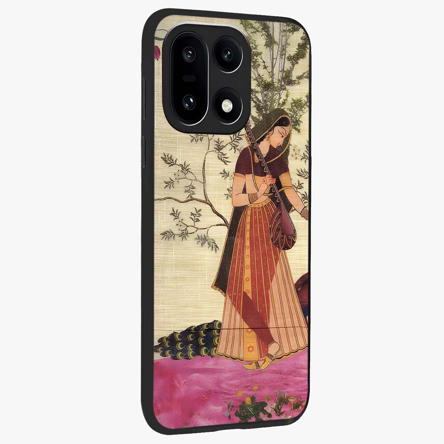 Lady With Veena Art Glass Case for 1+15 side perspective highlighting graceful illustration textures and sleek build