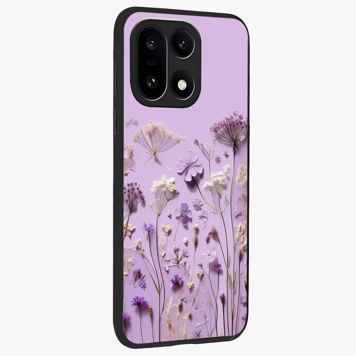 Lavender Blossom Dream Glass Case for 1+15 side perspective highlighting gentle bloom detailing and premium edges