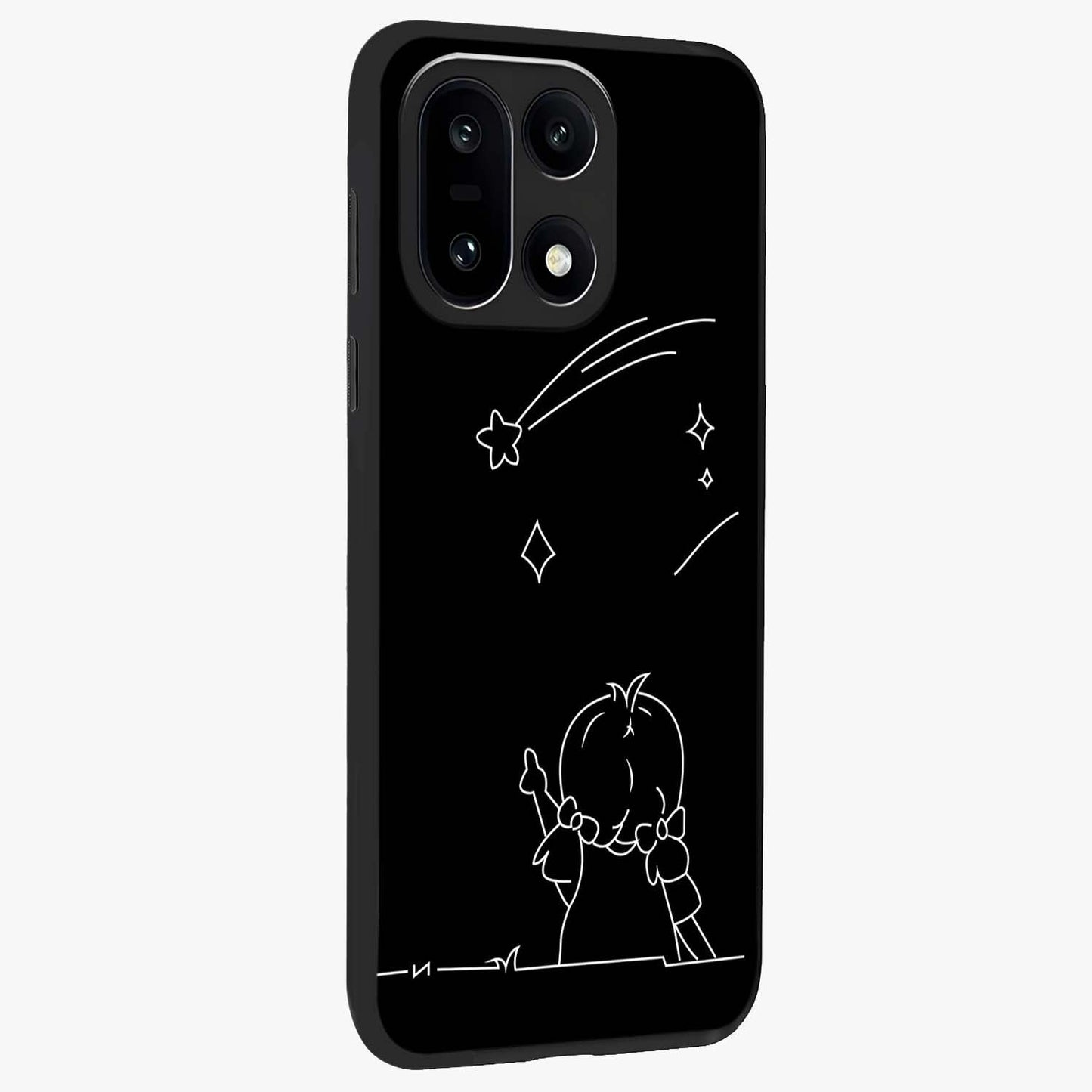 Line Art Girl With Shooting Stars Glass Case for 1+15 side perspective highlighting subtle star textures and premium build