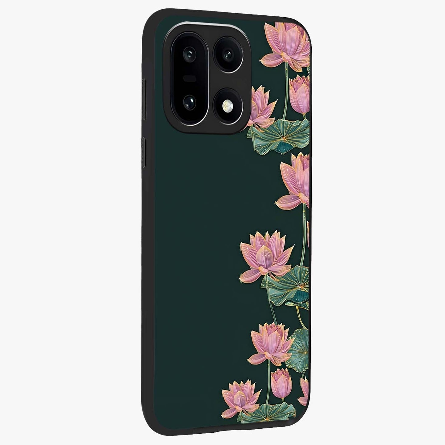 Lotus Bloom Serenity Glass Case for 1+15 side perspective highlighting delicate petal textures and premium edges