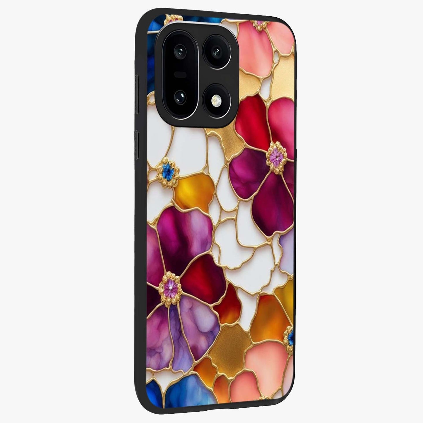 Marble Flower Pattern Glass Case for 1+15 side perspective highlighting elegant marble textures and sleek build