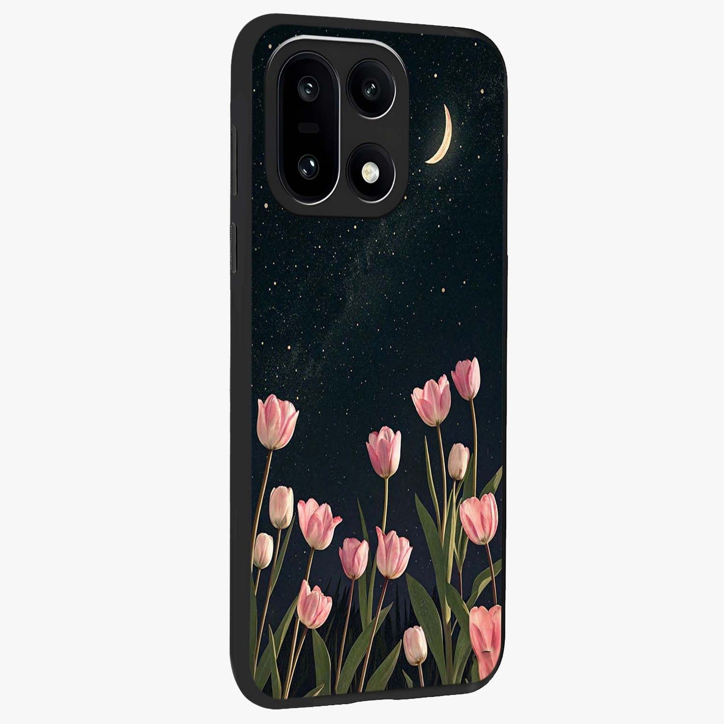 Midnight Tulip Whispers Vibe Glass Case for 1+15 side perspective highlighting graceful floral textures and premium edges