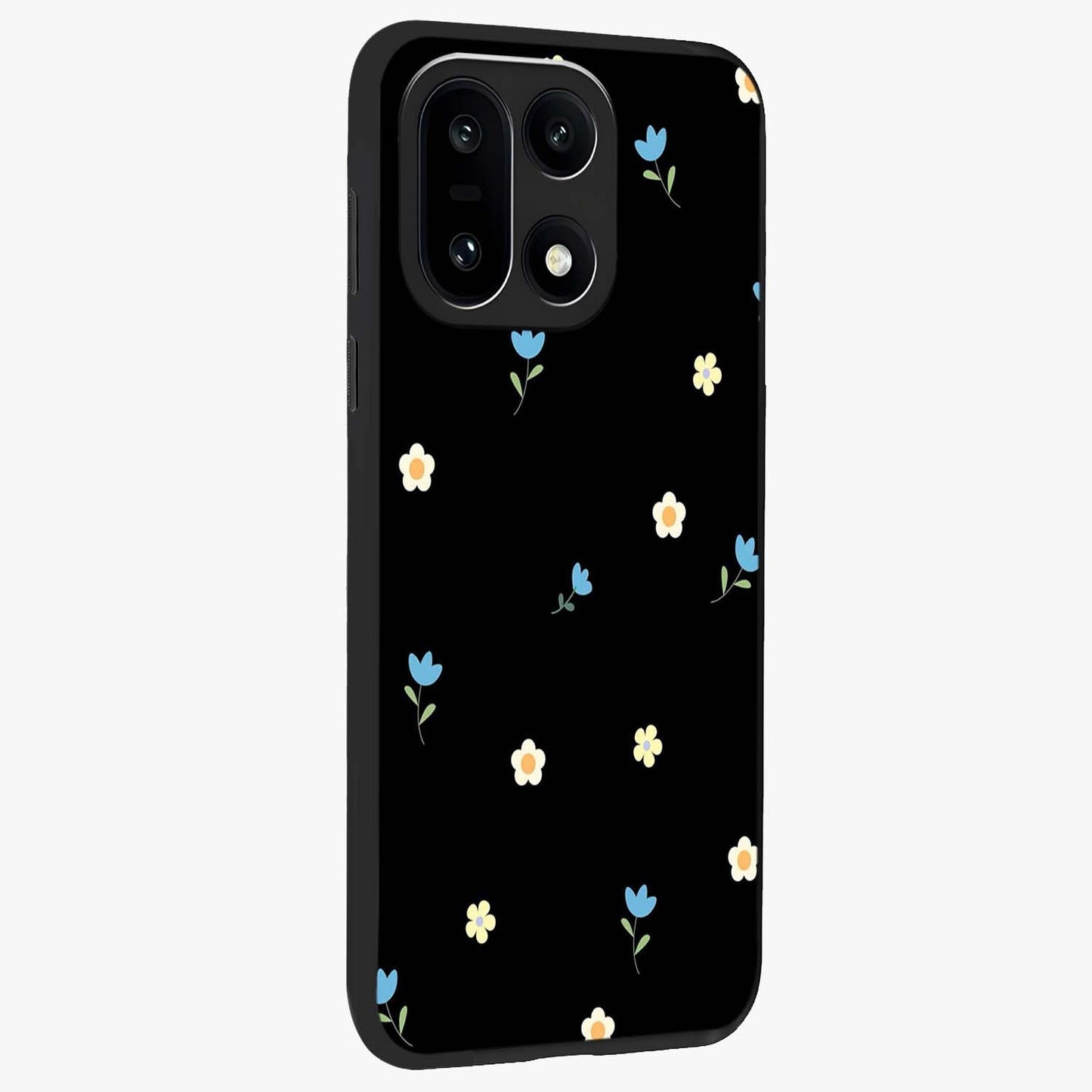 Minimalistic Blue With White Flower Pattern Glass Case for 1+15 side perspective highlighting subtle floral textures and premium edges