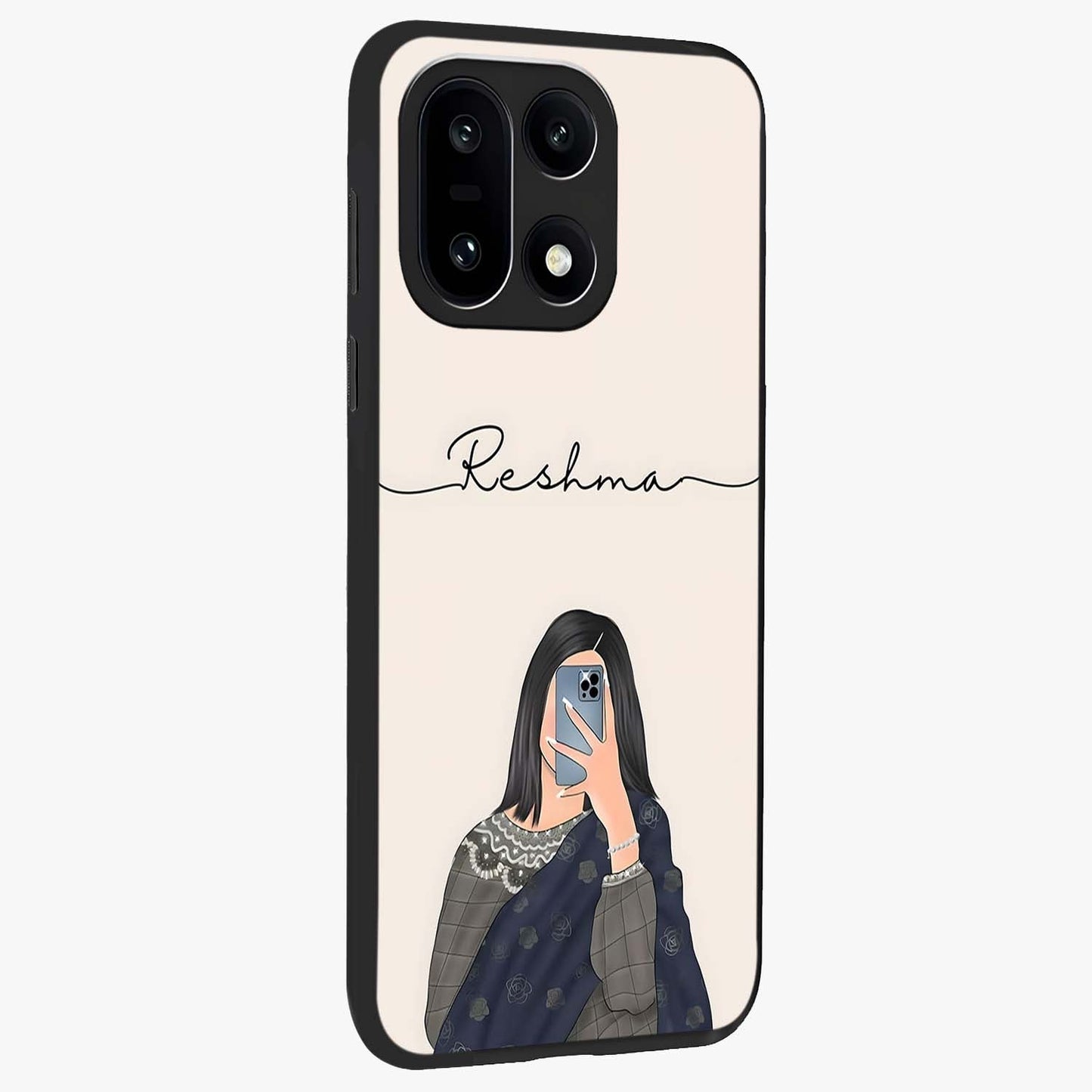 Mirror Mood Muse With Custom Name Glass Case for 1+15 side perspective highlighting custom text detailing and premium edges