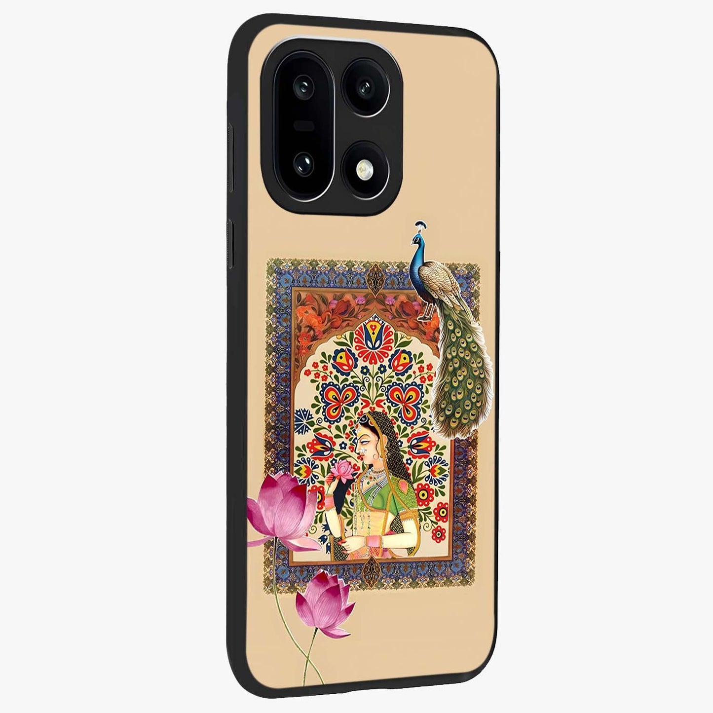 Mughal Princess and Peacock Glass Case for 1+15 side perspective highlighting detailed cultural textures and smooth premium build