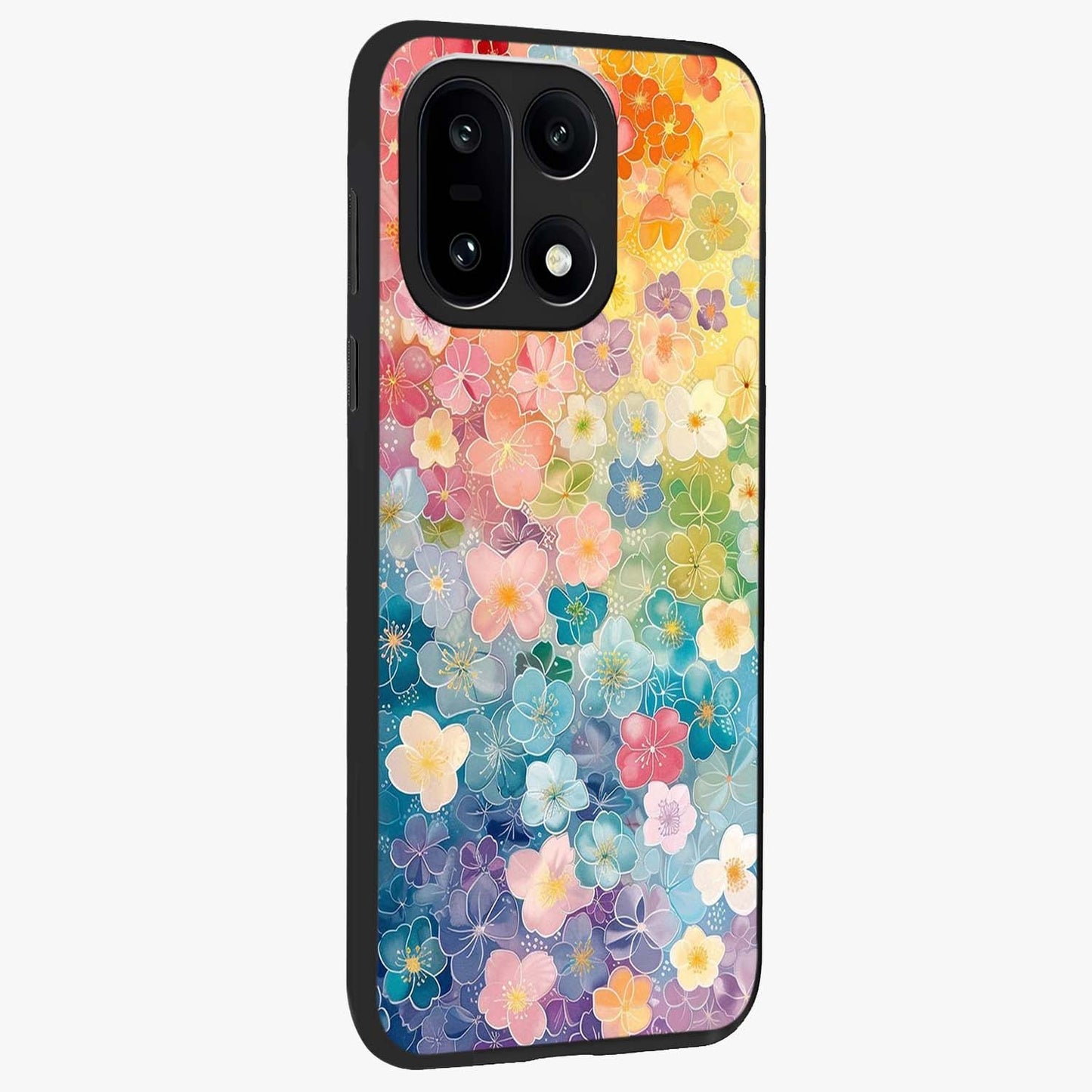 Multiple Background With Flower Glass Case for 1+15 side perspective highlighting rich floral textures and premium edges