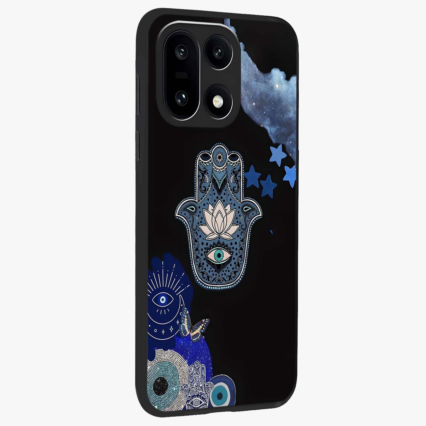 Mystic Hand Aura Glass Case for 1+15 side perspective highlighting subtle textures and sleek premium build