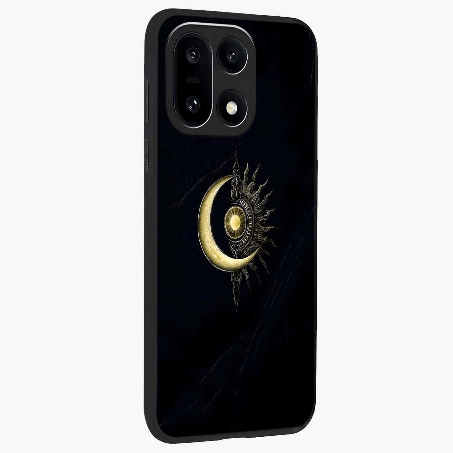 Mystic Lunar Flame Glass Case for 1+15 side perspective highlighting intense flame textures and premium build