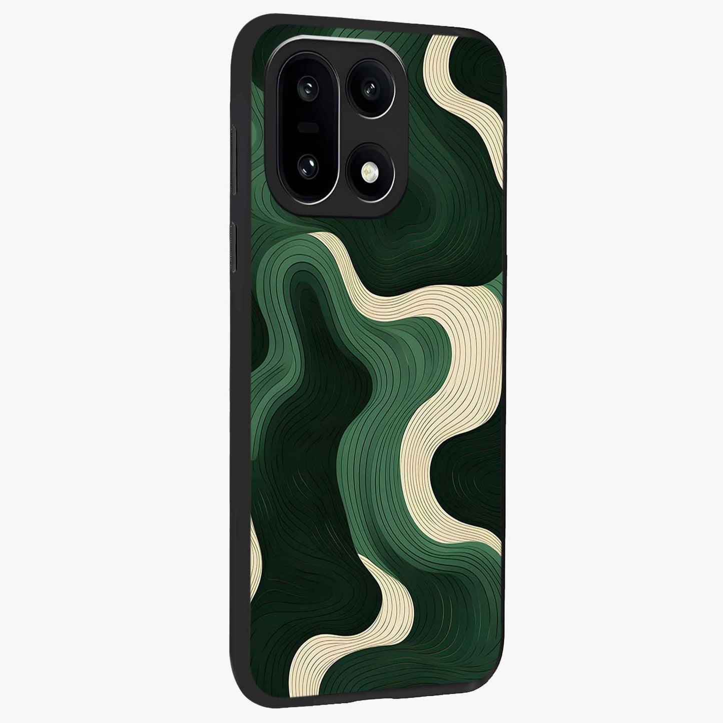 Organic Swirl Design Glass Case for 1+15 side perspective highlighting fluid textures and premium edges