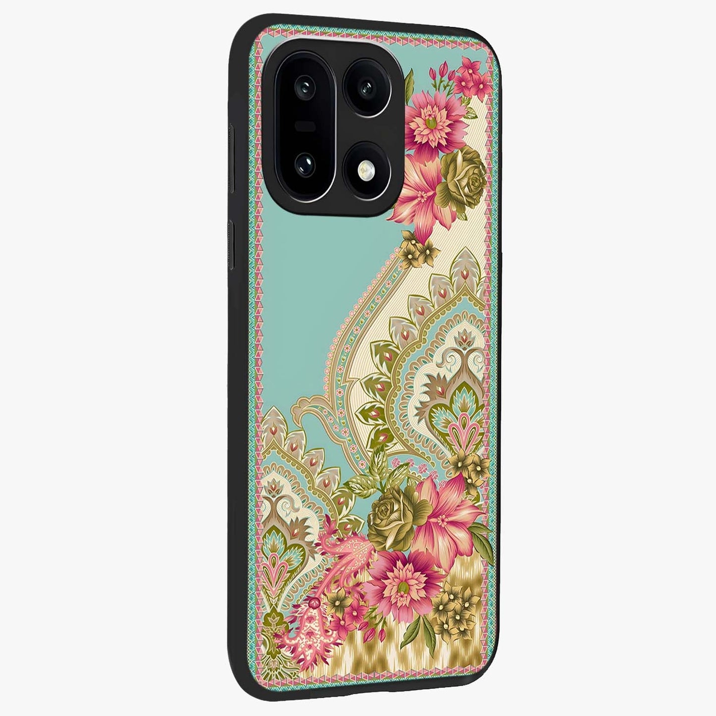 Ornate Mughal Floral Pattern Glass Case for 1+15 side perspective highlighting detailed ornamental textures and sleek build