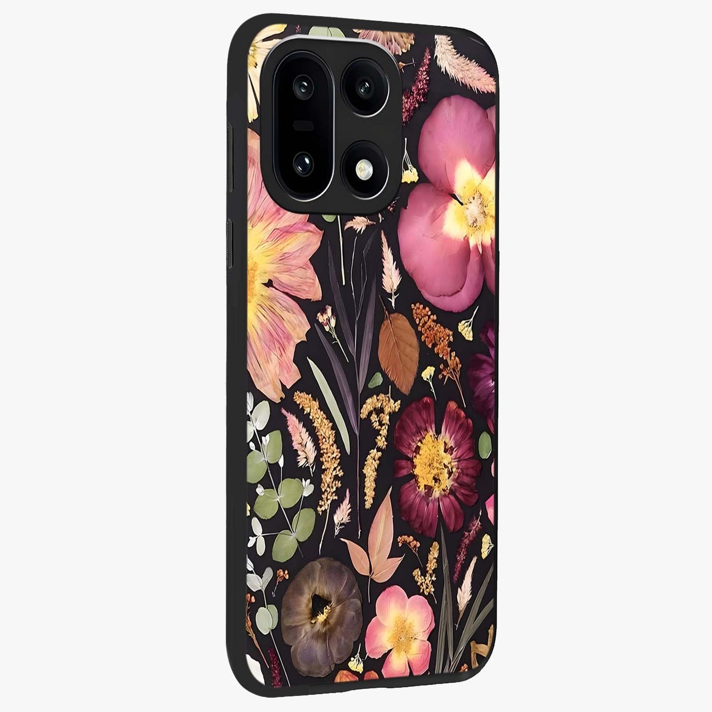 Petal Dream Tapestry Glass Case for 1+15 side perspective highlighting woven floral textures and sleek build