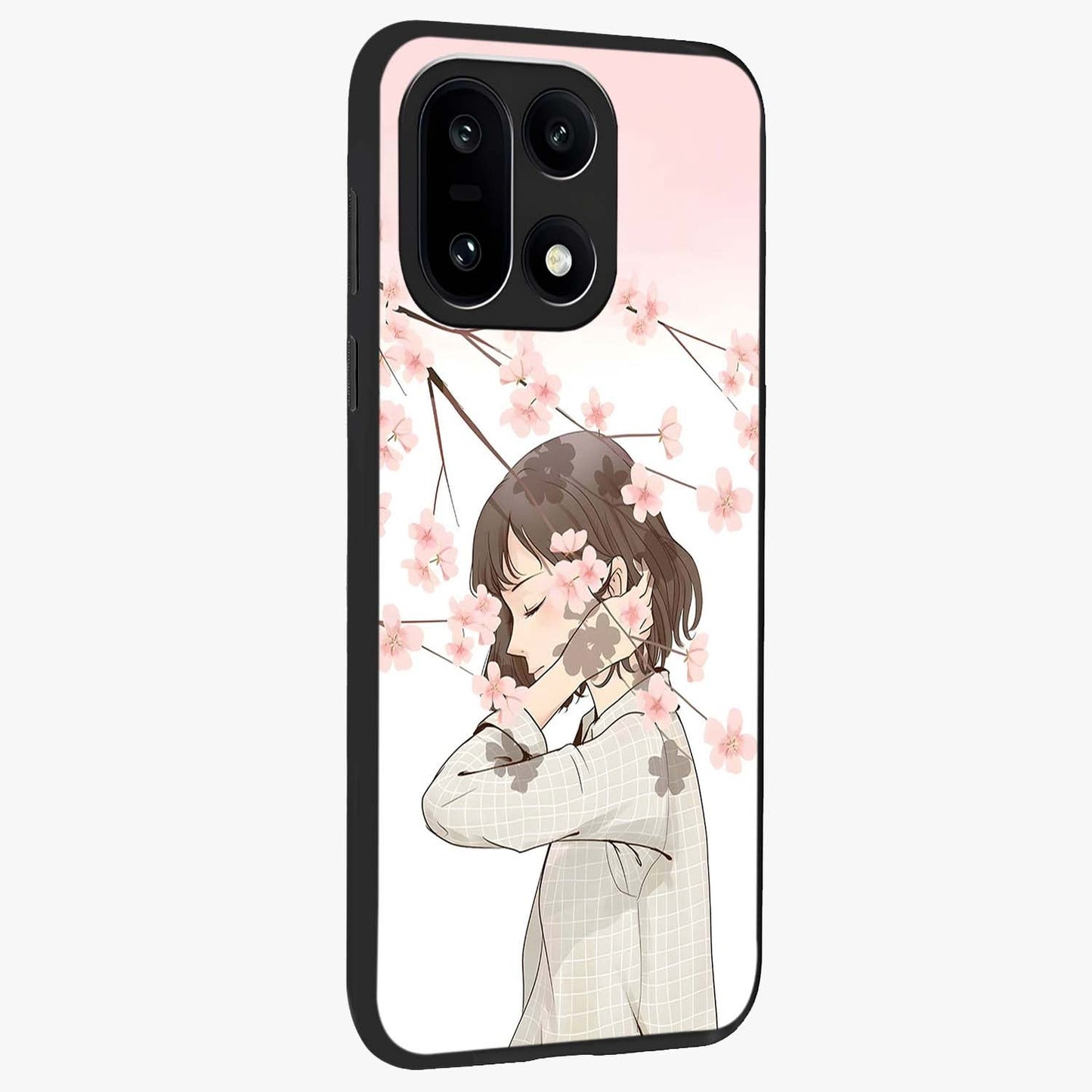 Pink Blossom Girl Glass Case for 1+15 side perspective highlighting elegant textures and premium edges