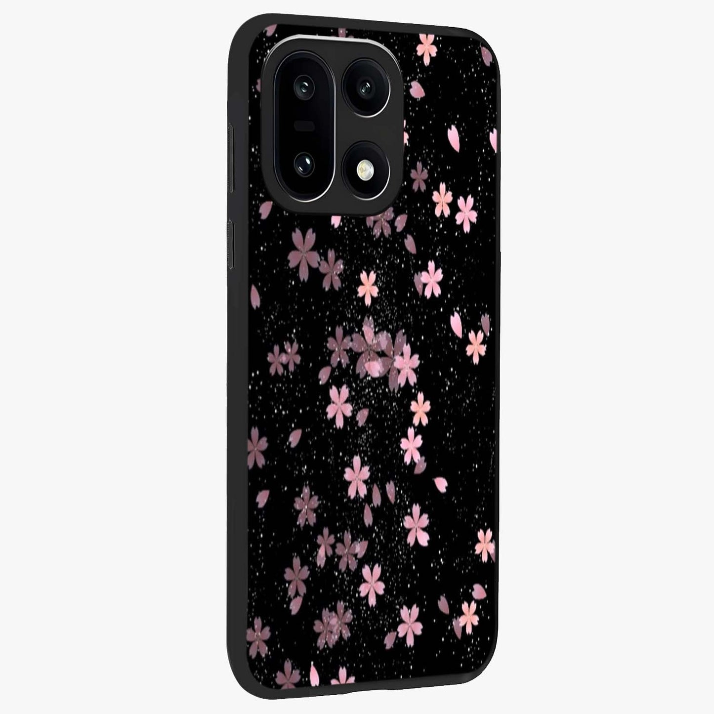 Pink Flower Black Background Glass Case for 1+15 side perspective highlighting vivid bloom textures and sleek build
