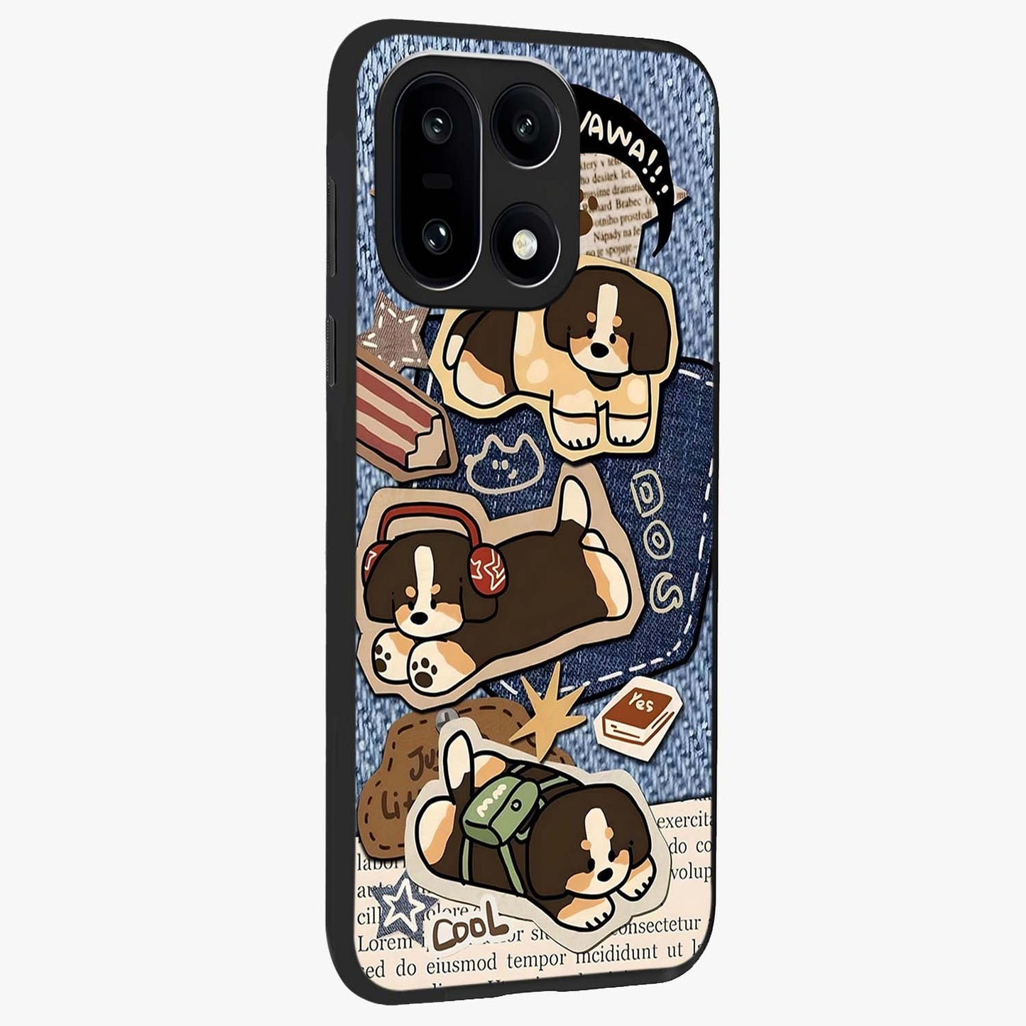 Puppy Sticker Parade Glass Case for 1+15 side perspective highlighting fun sticker textures and premium edges