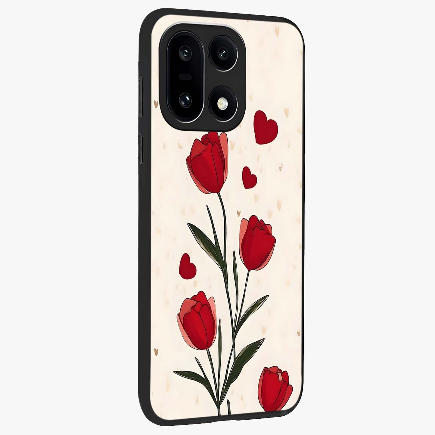Romantic Tulip Hearts Glass Case for 1+15 side perspective highlighting delicate bloom textures and premium edges