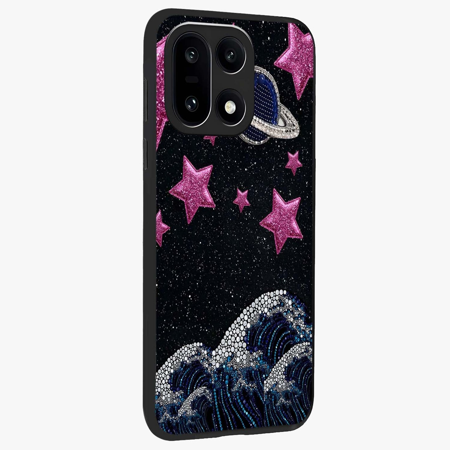Saturn Pink Storm Glass Case for 1+15 side perspective highlighting planetary textures and premium edges