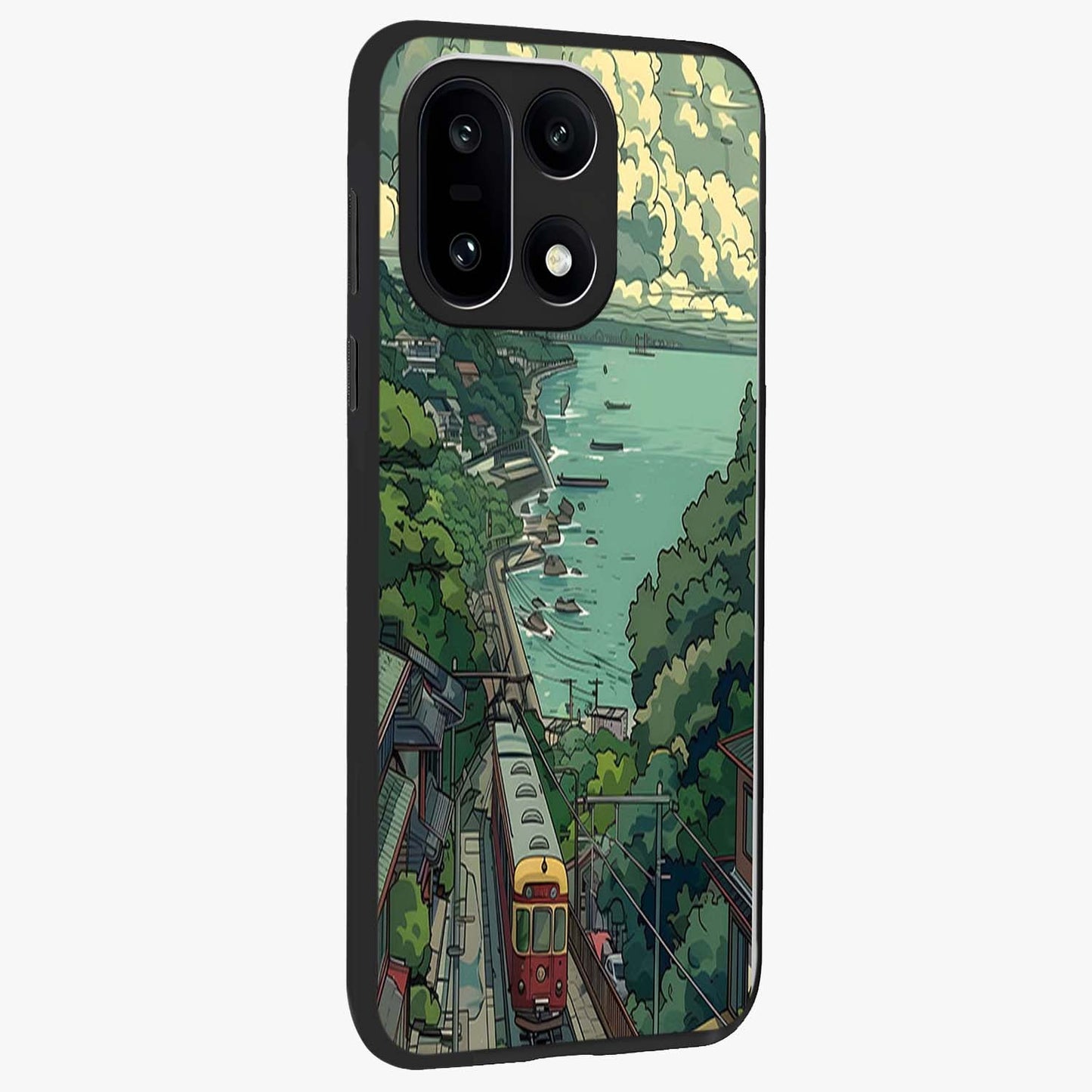 Seaside Train Ride Glass Case for 1+15 side perspective highlighting detailed scenery textures and premium edges
