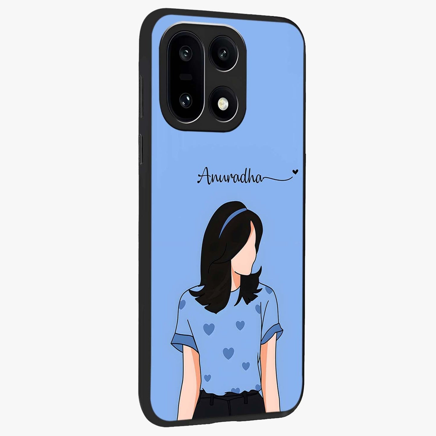 Soft Hearts Girl Glass Case for 1+15 side perspective highlighting delicate illustration textures and smooth build