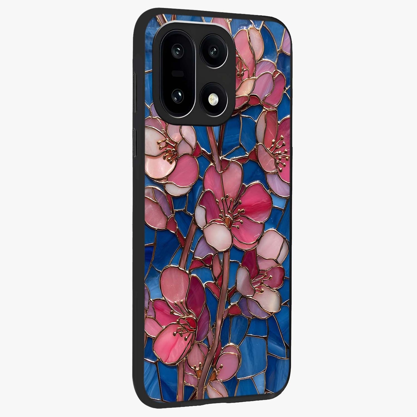 Stained Bloom Grace Glass Case for 1+15 side perspective highlighting intricate bloom textures and smooth premium build