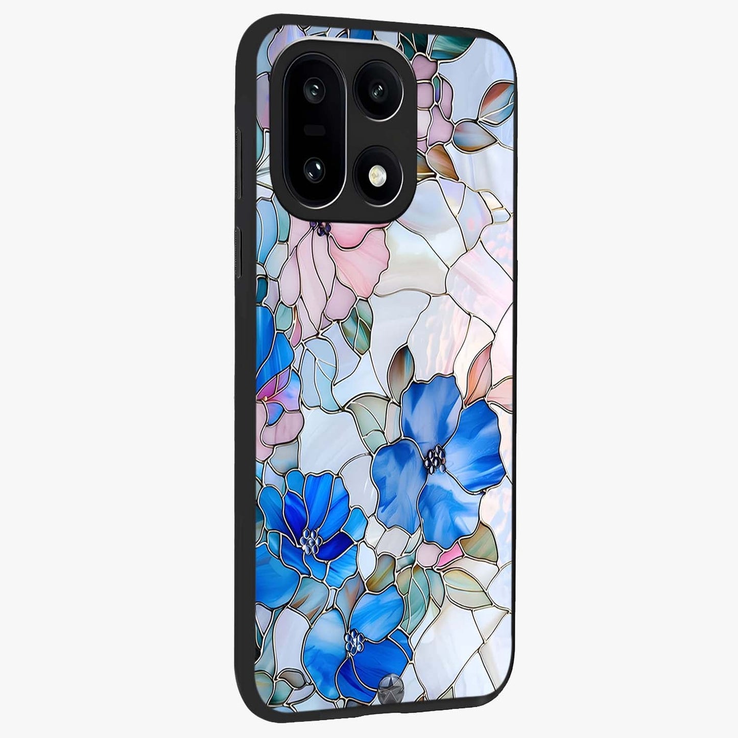 Stained Blue Floral Glass Case for 1+15 side perspective highlighting intricate bloom textures and premium edges