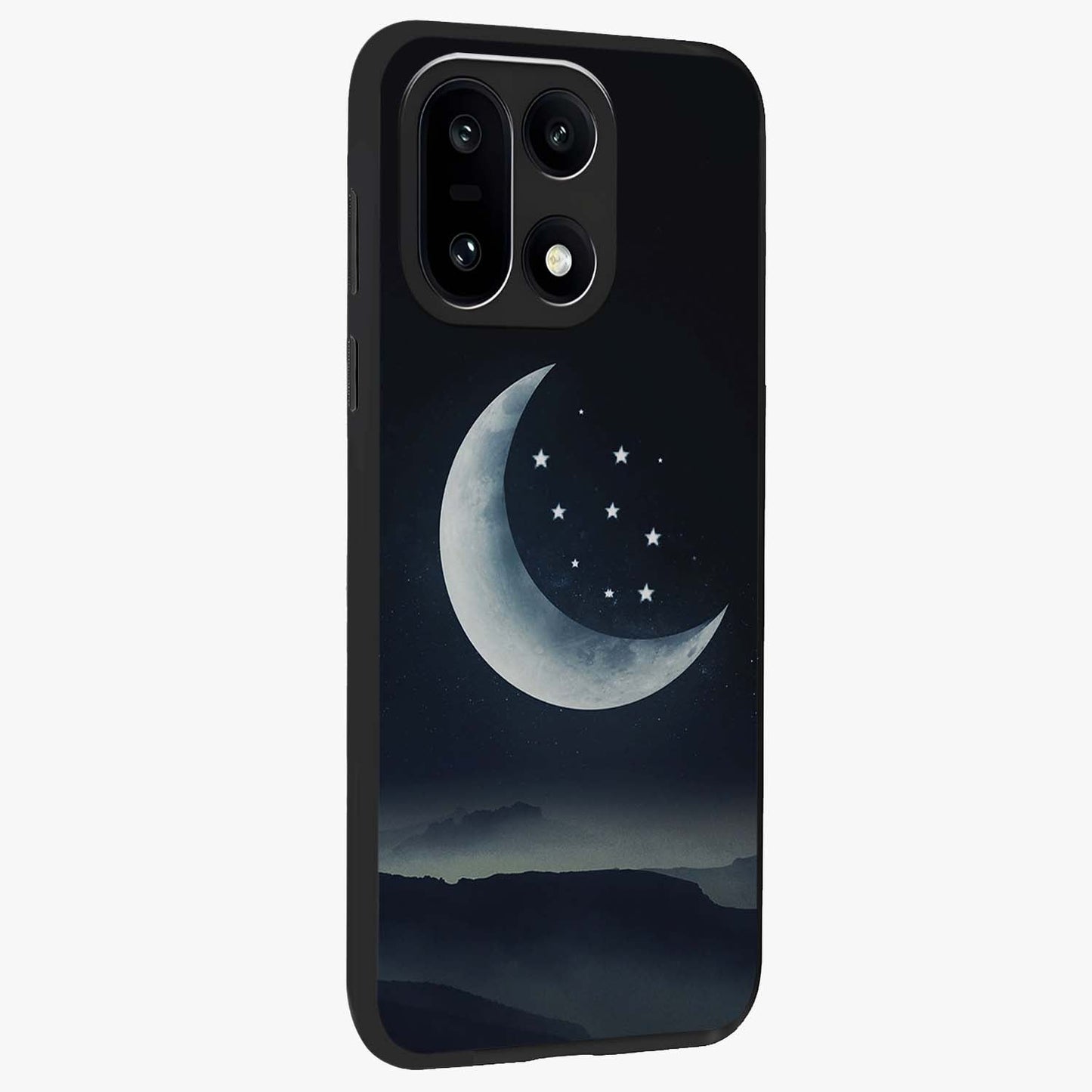 Starry Moon Pattern Glass Case for 1+15 side perspective highlighting celestial textures and premium edges