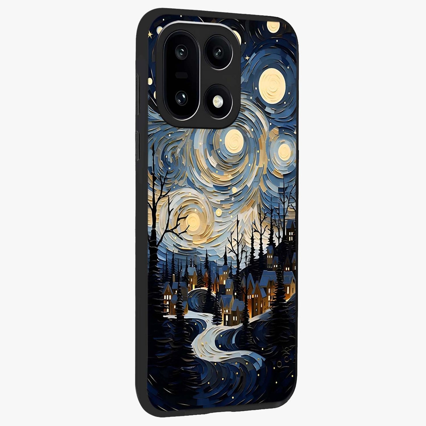 Starry Winter Town Glass Case for 1+15 side perspective highlighting serene landscape textures and premium edges