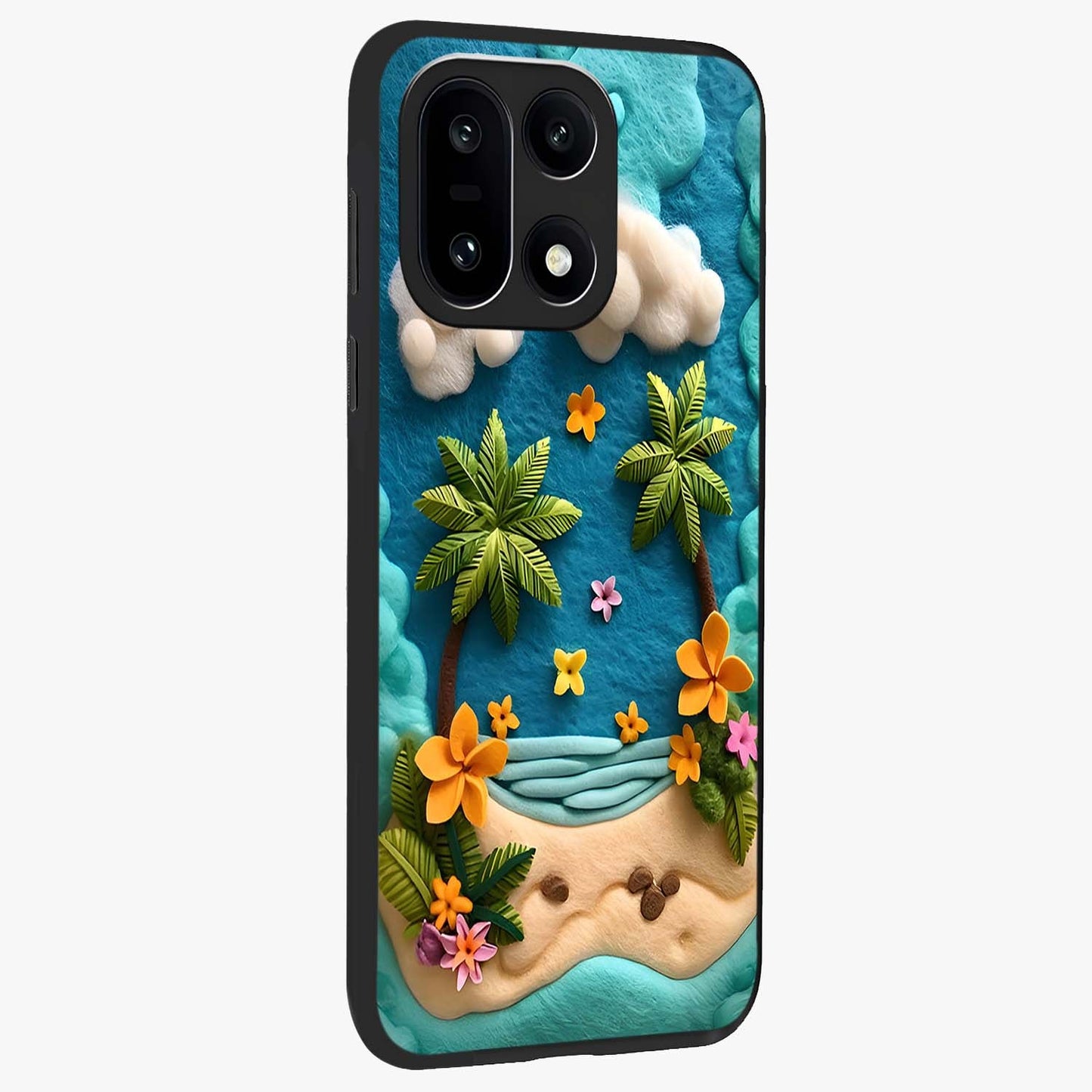 Tropical Felt Escape Glass Case for 1+15 side perspective highlighting lush textures and smooth build