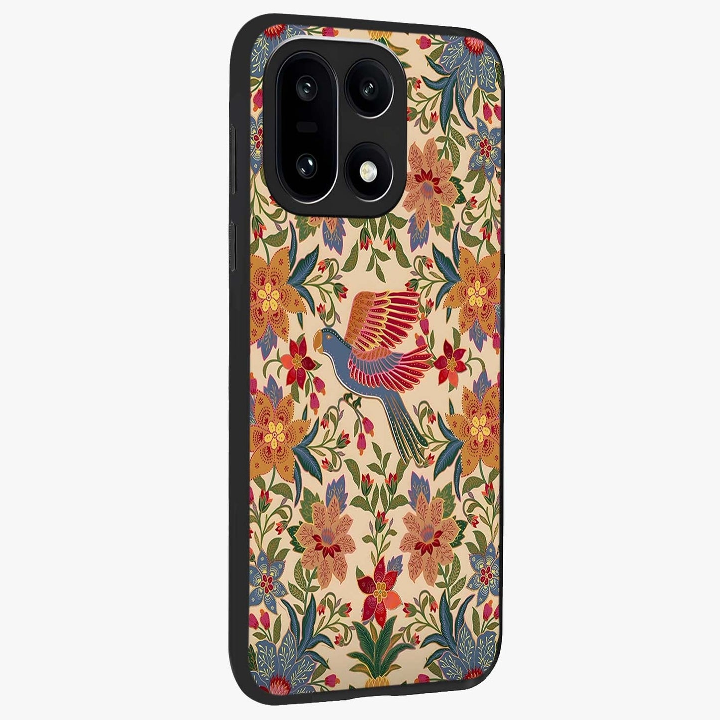 Tropical Folk Art Bird Glass Case for 1+15 side perspective highlighting detailed feather textures and premium edges