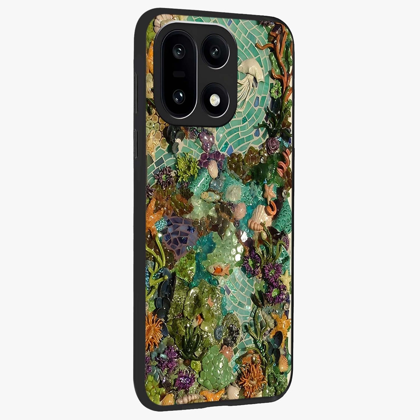 Underwater Mosaic Art Glass Case for 1+15 side perspective highlighting detailed tile textures and premium edges