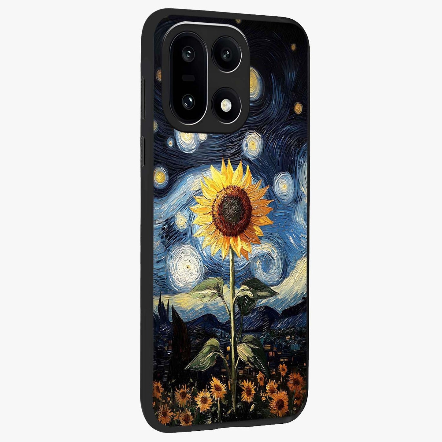 Van Gogh Sunflower Glass Case for 1+15 side perspective highlighting textured brushstroke details and premium edges