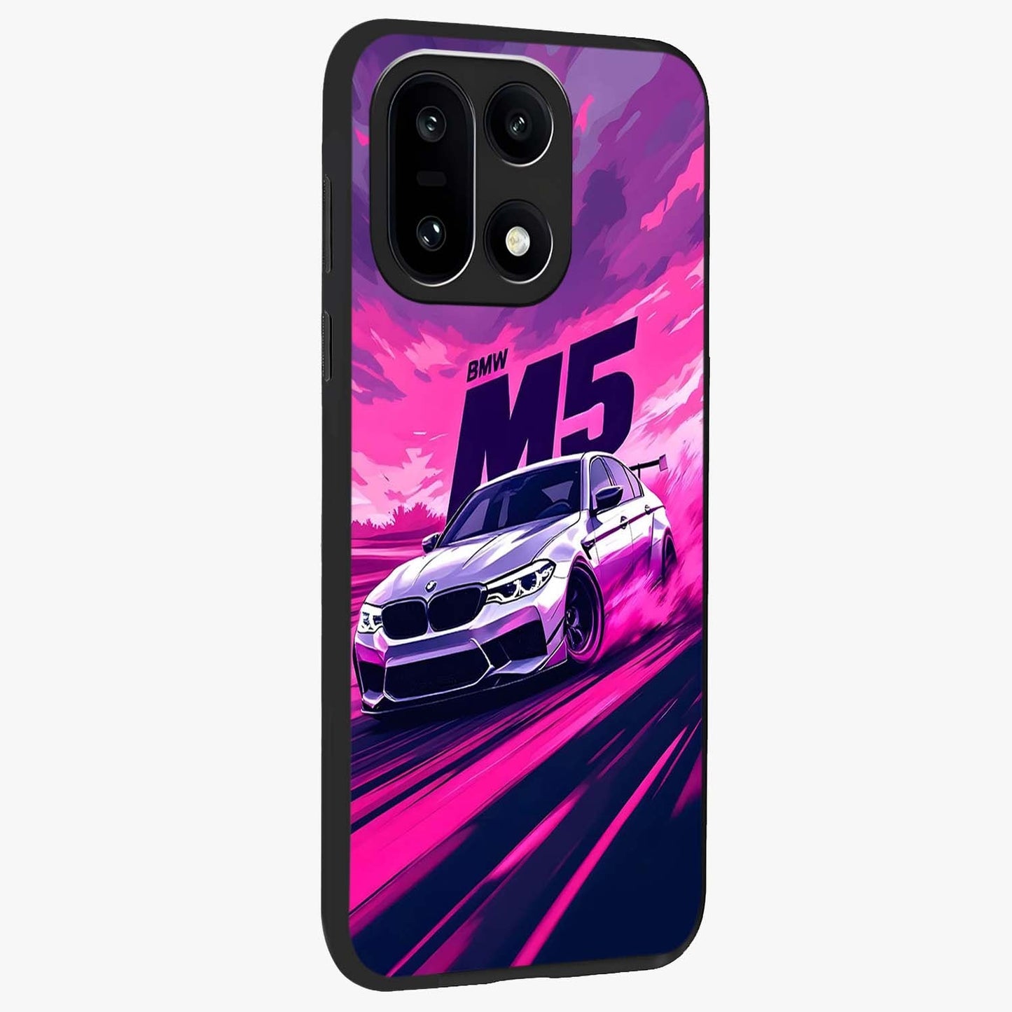 Velocity Drift Pulse Glass Case for 1+15 side perspective highlighting sharp automotive textures and sleek build