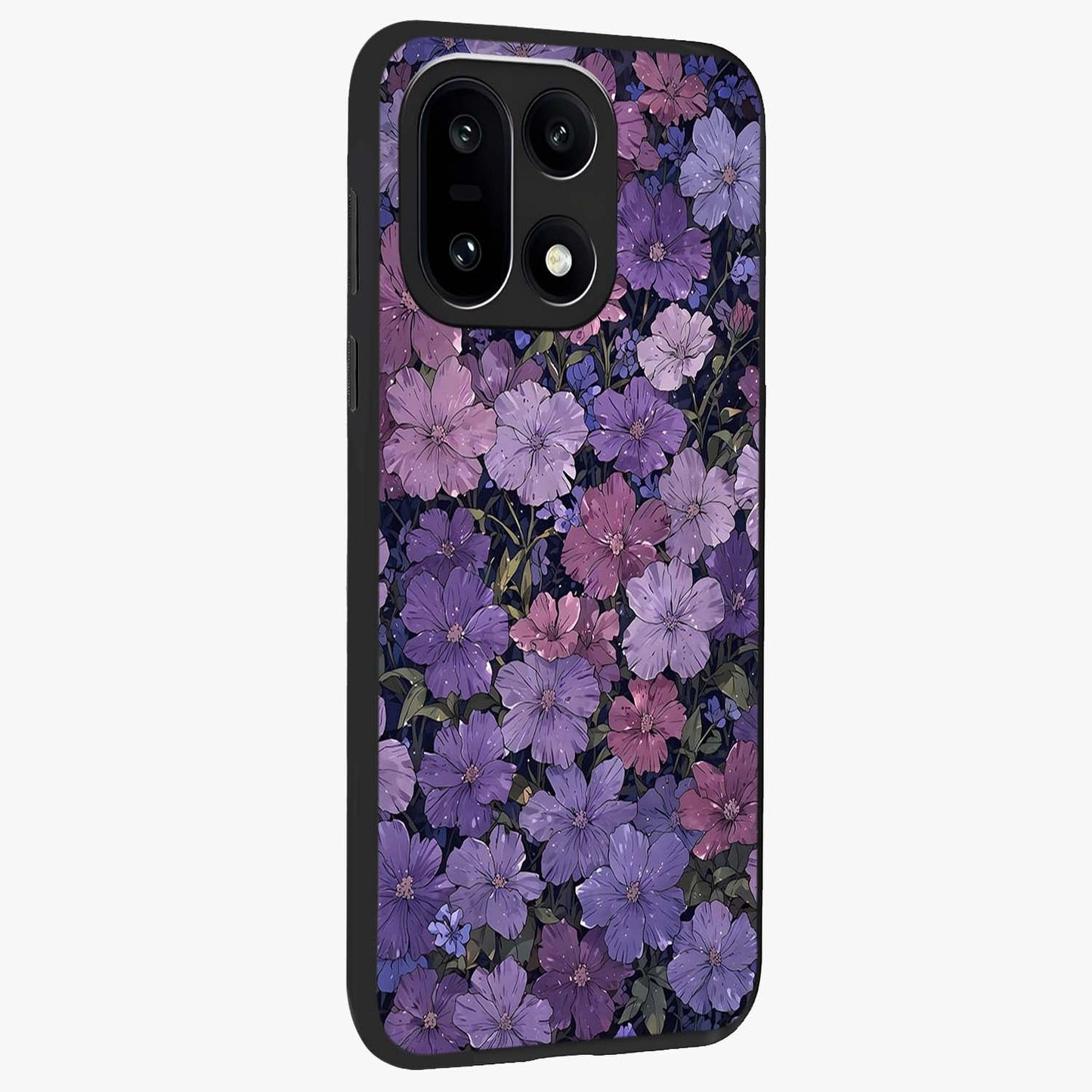 Velvet Bloom Tapestry Glass Case for 1+15 side perspective highlighting intricate bloom textures and premium edges