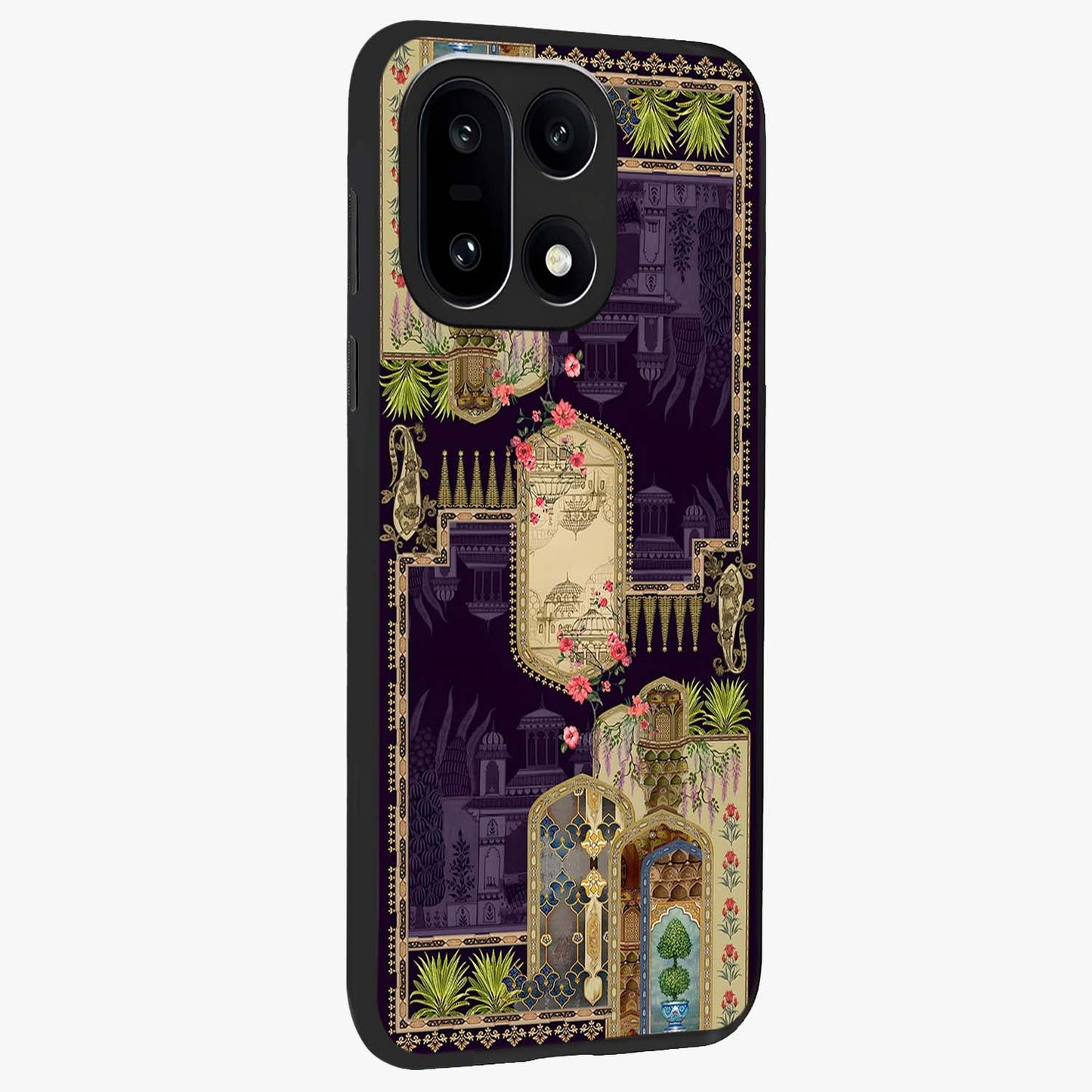 Velvet Mughal Art Glass Case for 1+15 side perspective highlighting ornate detailing and smooth premium build
