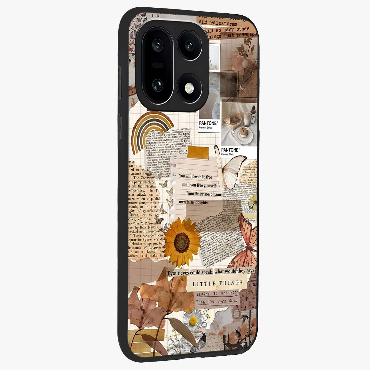 Vintage Aesthetic Collage Glass Case for 1+15 side perspective highlighting textured layers and premium edges