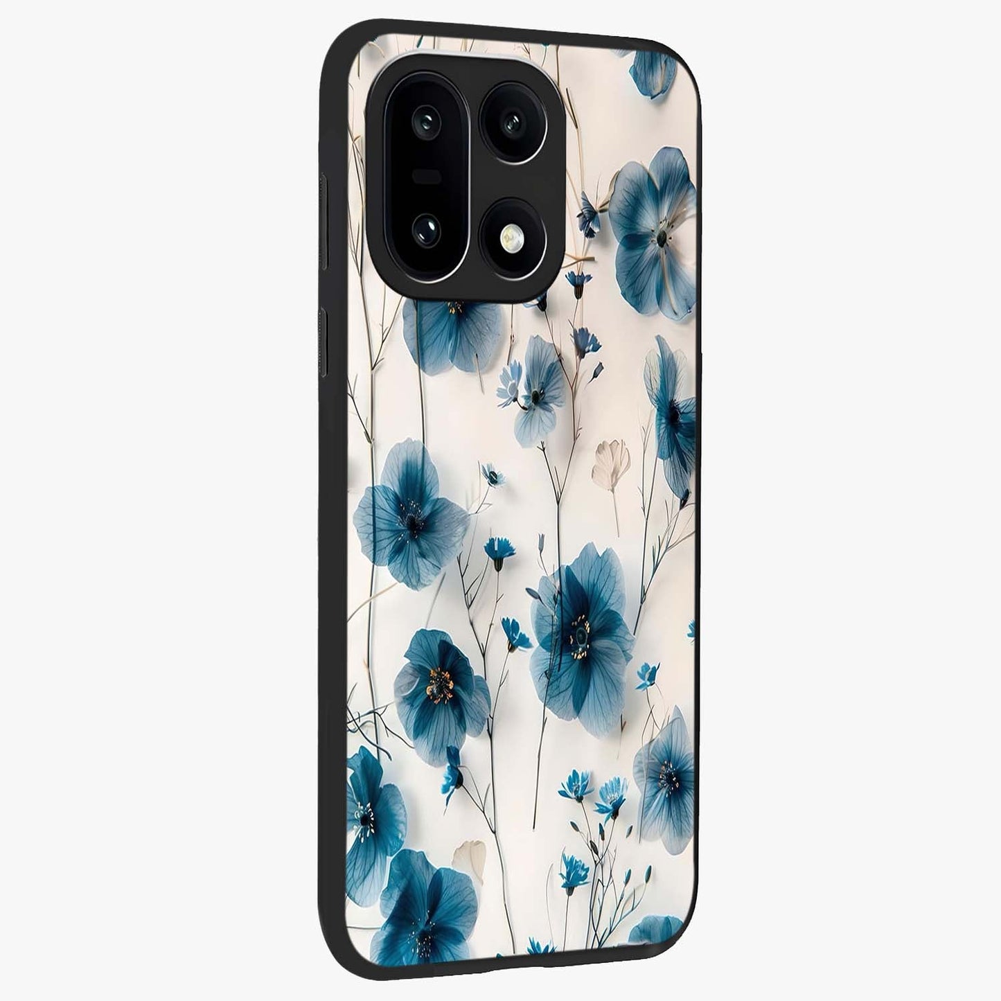 Whispers of Blue Bloom Glass Case for 1+15 side perspective highlighting intricate bloom textures and premium edges