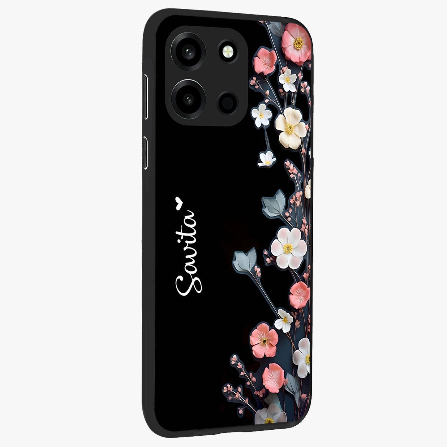 Black Elegance Floral Custom Name Glass Case upright view showcasing luxurious black floral design with personalized name detail.