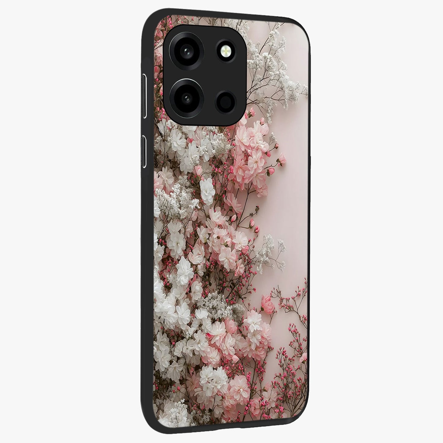 Blush Blossom Cloud Glass Case upright view showcasing calm floral cloud artwork with gentle dreamy theme.