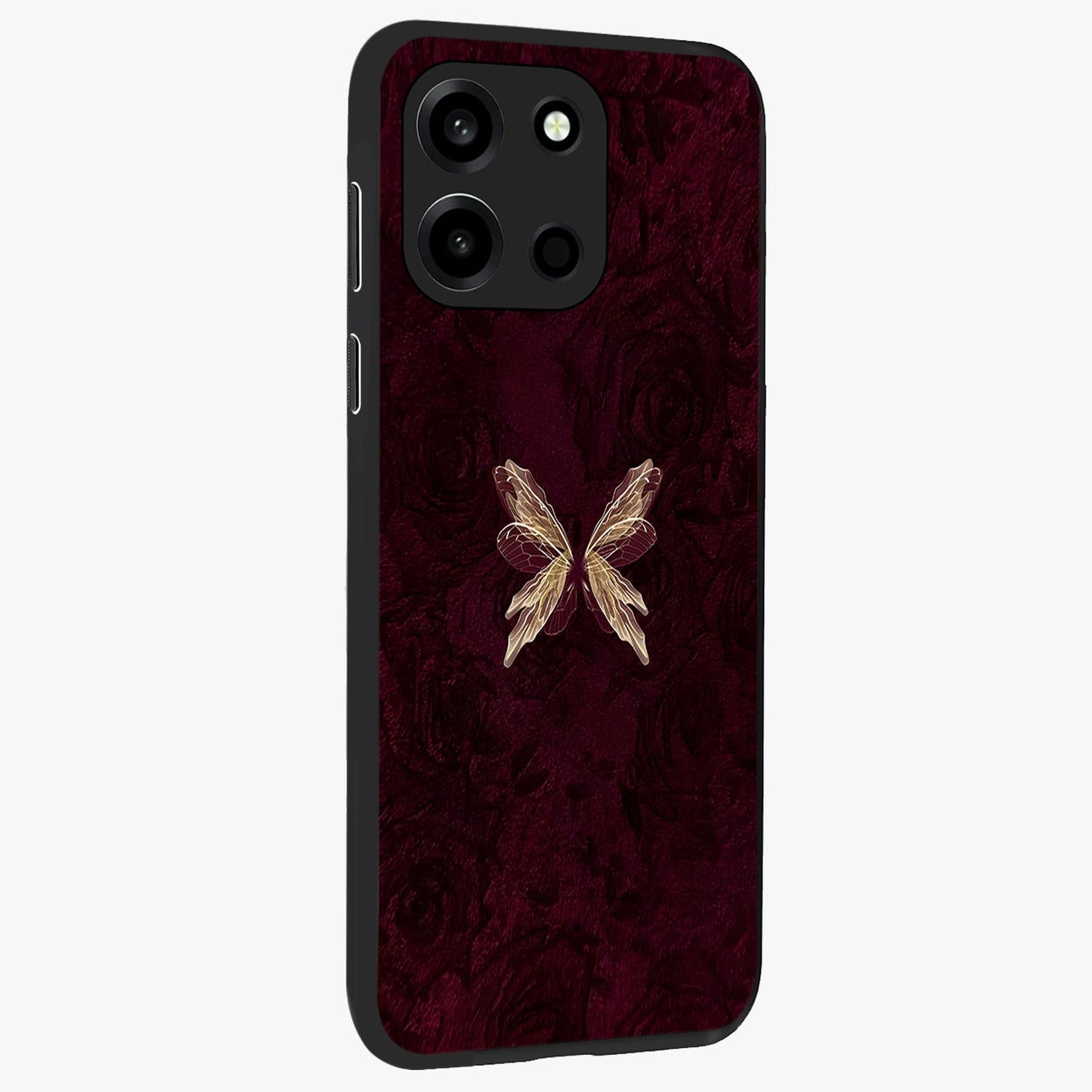 Crimson Fade Butterfly Glass Case upright view showcasing graceful butterfly artwork with soft crimson fade effect.
