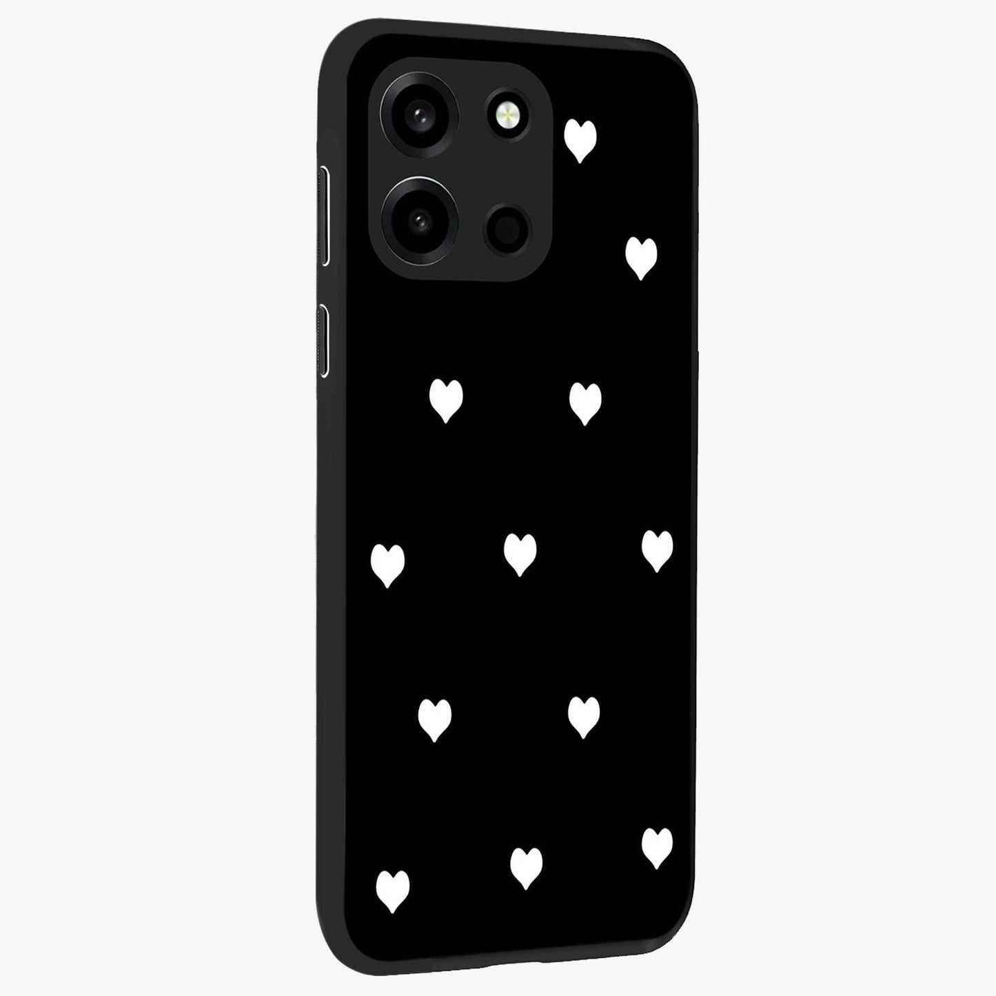 Cute And Simple White Hearts Glass Case upright view showcasing simple white hearts artwork with soft minimal theme.
