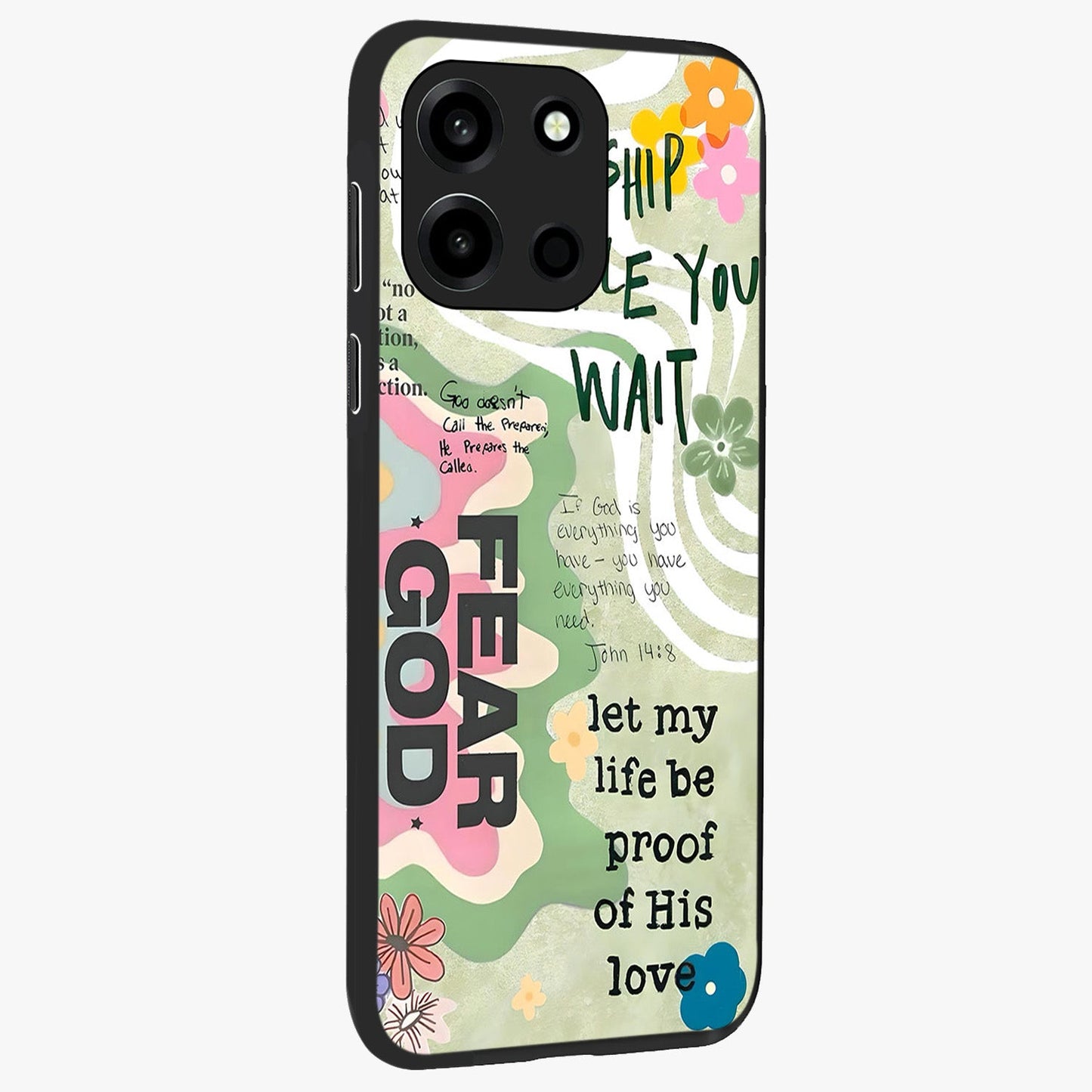 Faith Over Fear Glass Case upright view showcasing bold typography artwork with uplifting motivational theme.