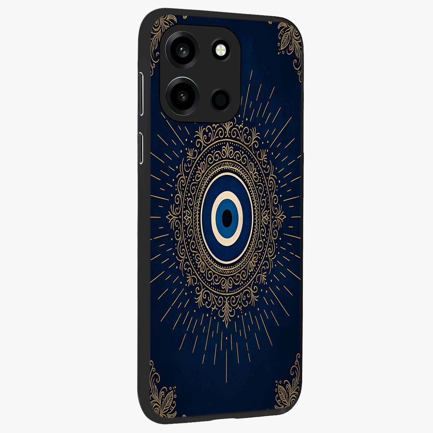 Golden Evil Eye Mandala Glass Case upright view showcasing decorative evil eye mandala artwork with spiritual aesthetic style.