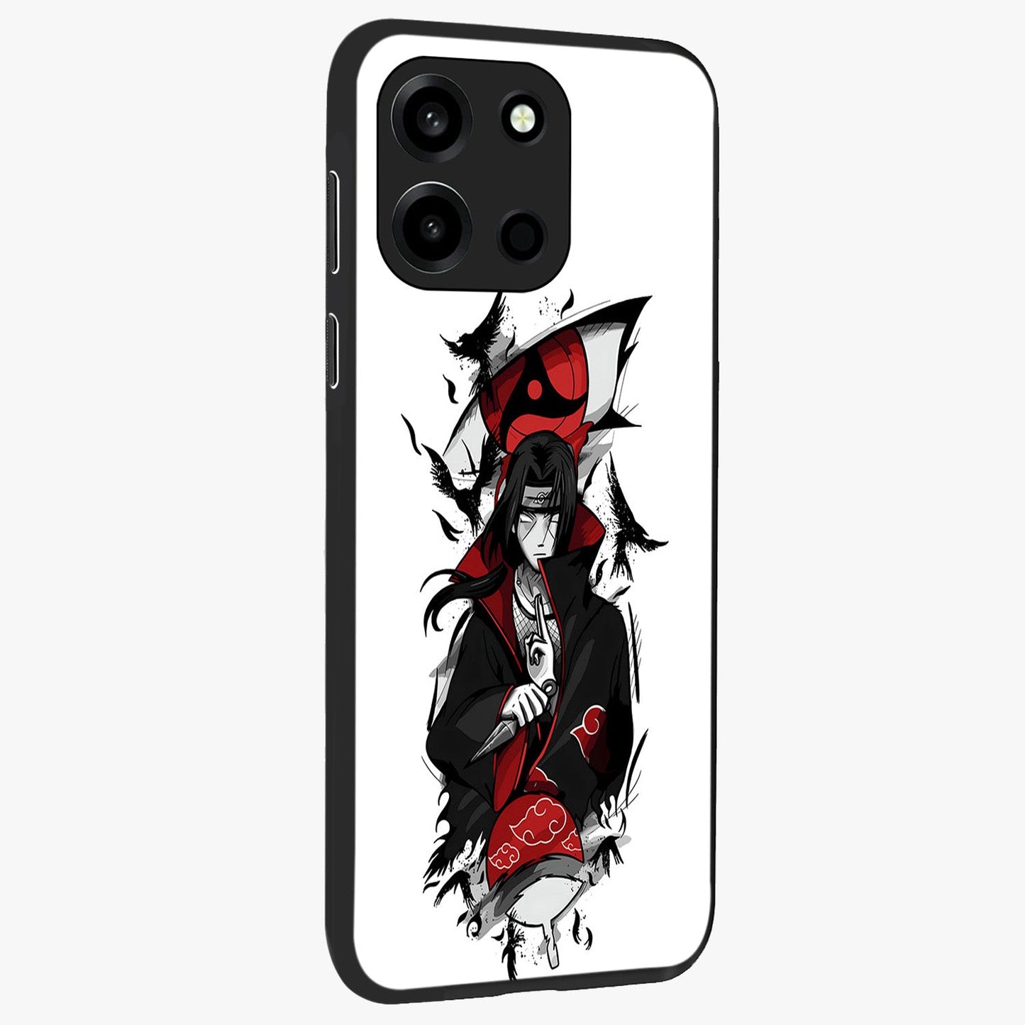 Itachi Sharingan Glass Case upright view showcasing intense anime eye artwork with bold character theme.