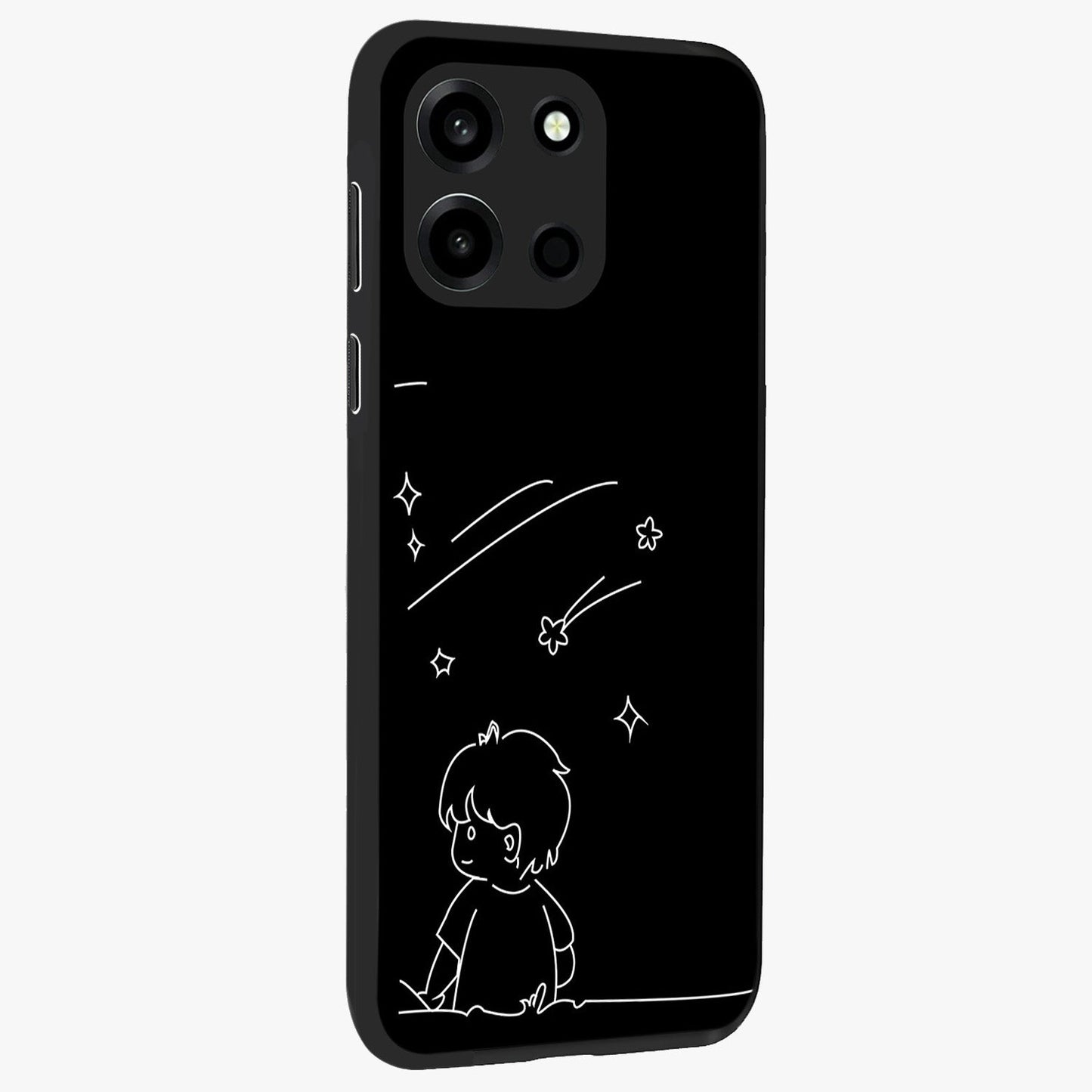Line Art Boy With Shooting Stars Glass Case upright view showcasing artistic shooting star illustration with minimal style.