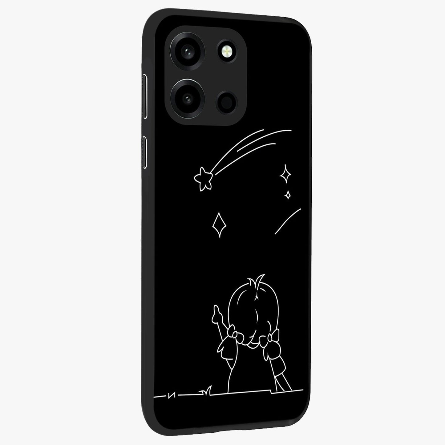 Line Art Girl With Shooting Stars Glass Case upright view showcasing delicate shooting stars artwork with minimal artistic theme.